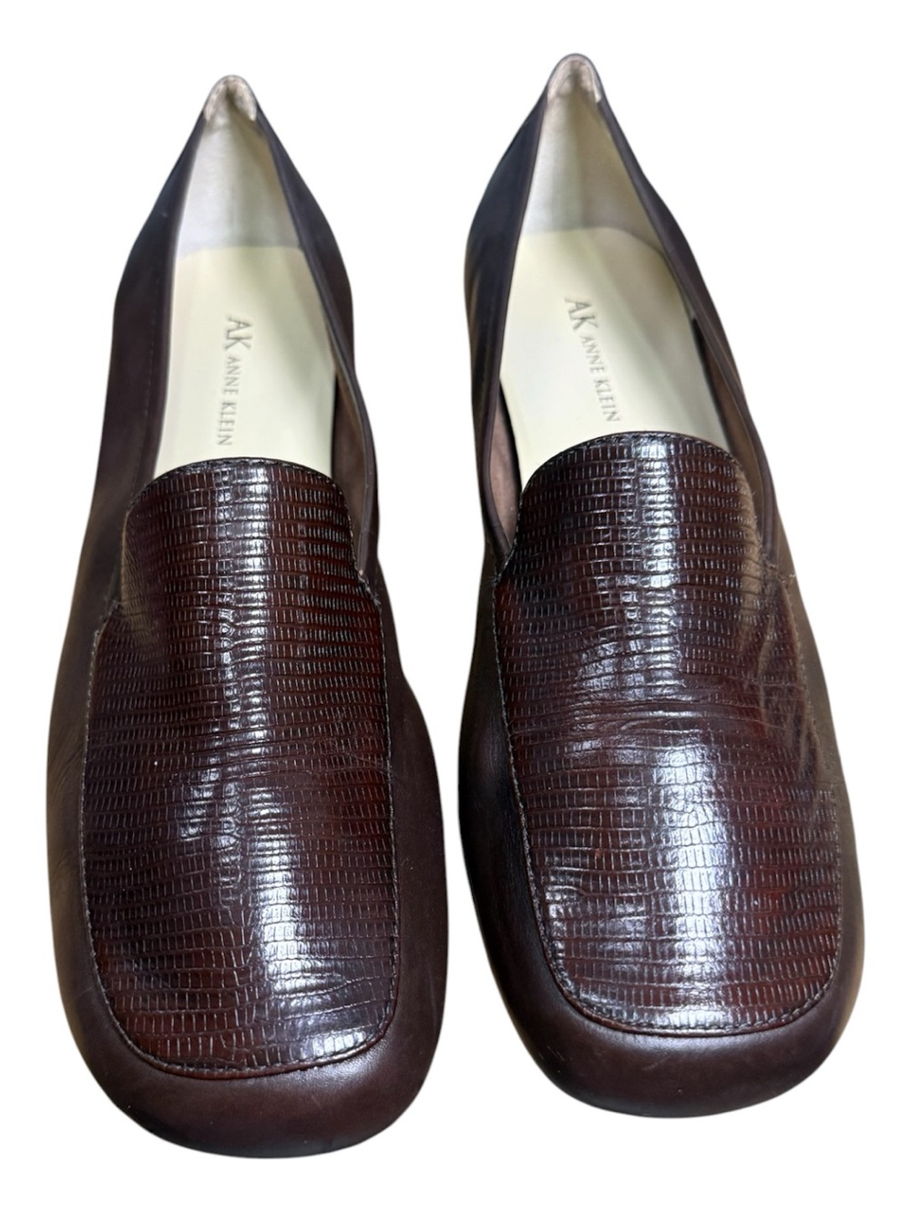 Anne Klein Maxine Womens 9.5 M Brown Leather Loafers Embossed Slip On Shoes